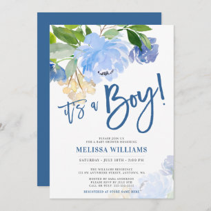 Invitation Baby shower floral de garçon d'aquarelle bleue