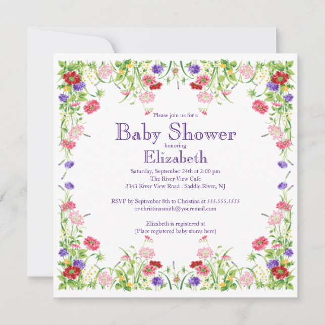 Invitation Baby shower floral de joli fleur sauvage (Devant)