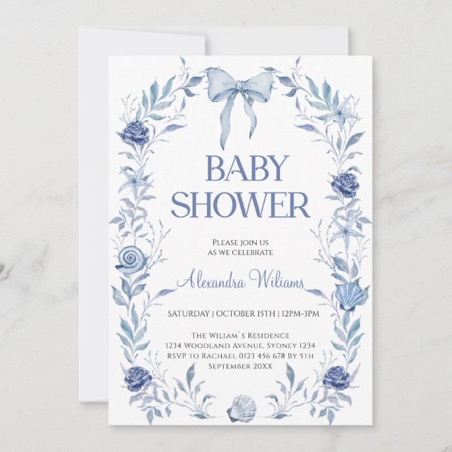 Invitation Baby shower Floral de la Chinoiserie Bleue (Devant)