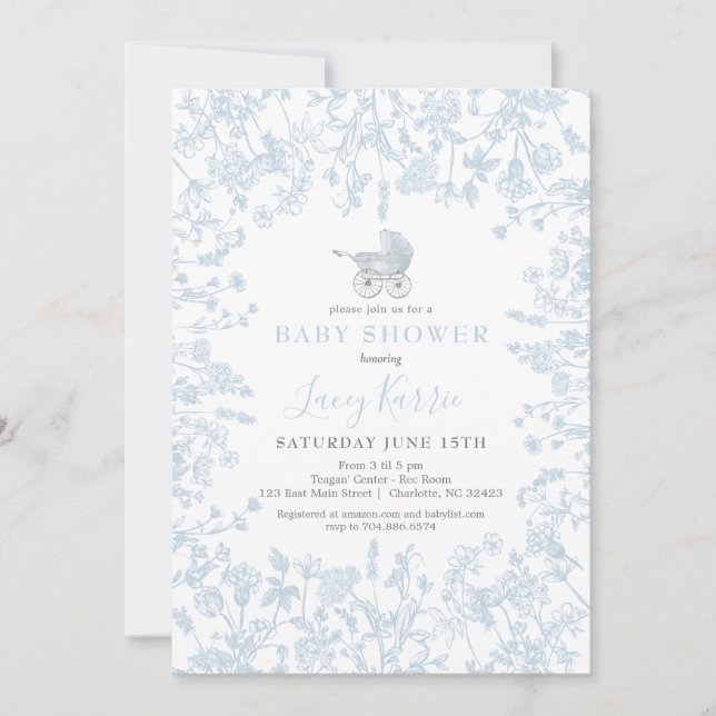 Invitation Baby shower floral de la Chinoiserie bleue Invitat (Devant)