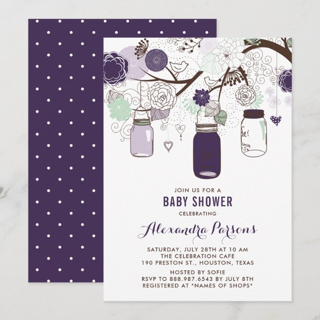 Invitation Baby shower floral de la fourrure Mason Jars (Devant / Derrière)