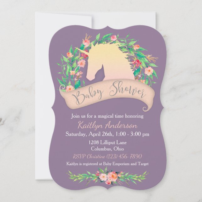 Invitation Baby shower floral de la licorne magique (Devant)
