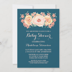 Invitation Baby shower floral de la marine Blue Peach Waterco