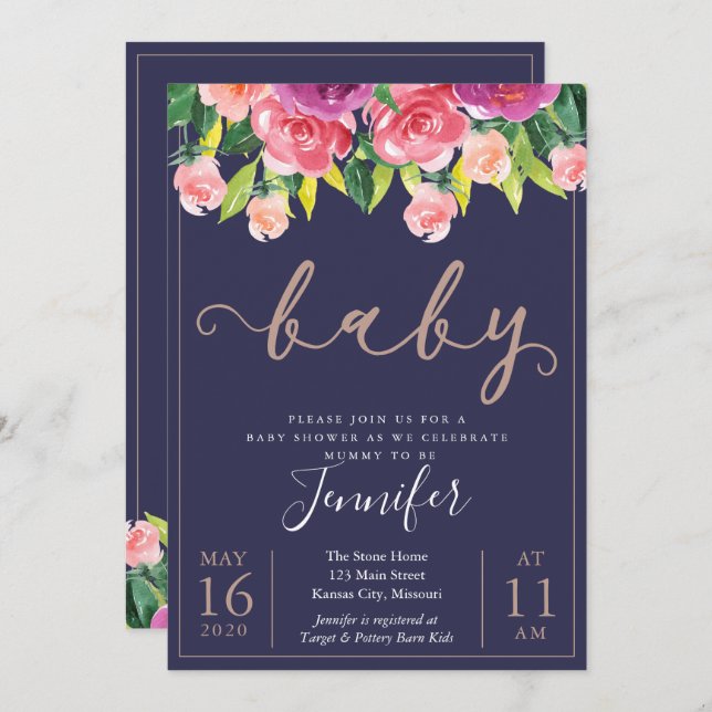 Invitation Baby shower floral de la marine Blush Magenta Invi (Devant / Derrière)