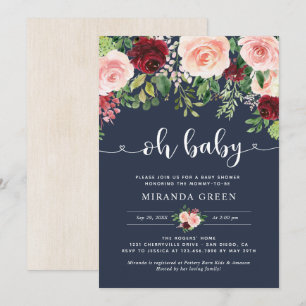 Invitation Baby shower floral de la marine et de la Bourgogne