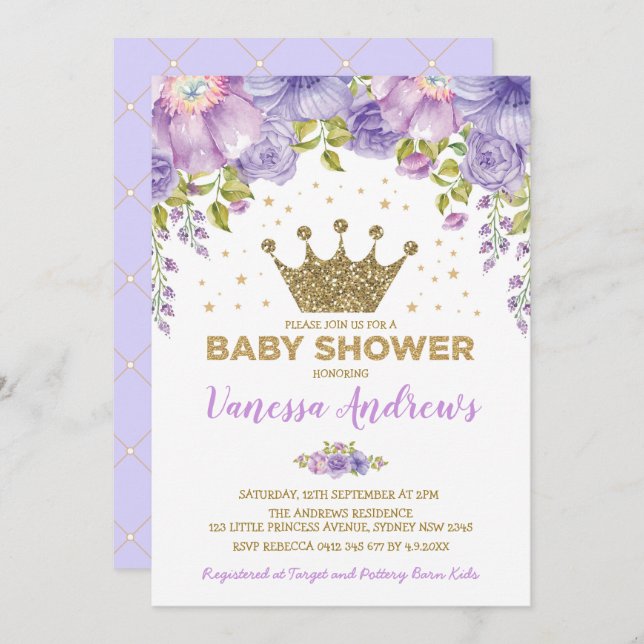 Invitation Baby shower floral de la princesse Lavender Gold C (Devant / Derrière)