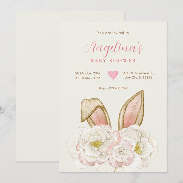 Invitation Baby shower floral de lapin (Devant / Derrière)