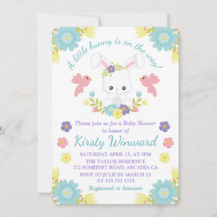 Invitation Baby shower floral de lapin de Pâques et d'oiseaux