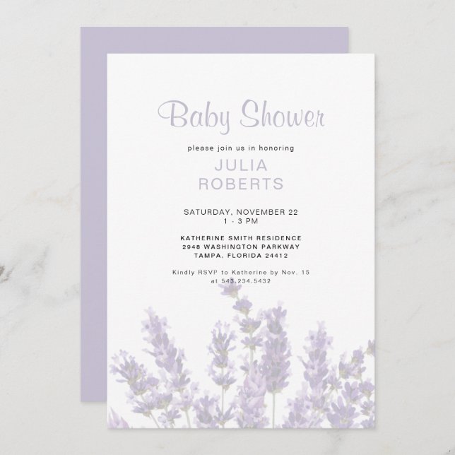 Invitation Baby shower floral de lavande (Devant / Derrière)