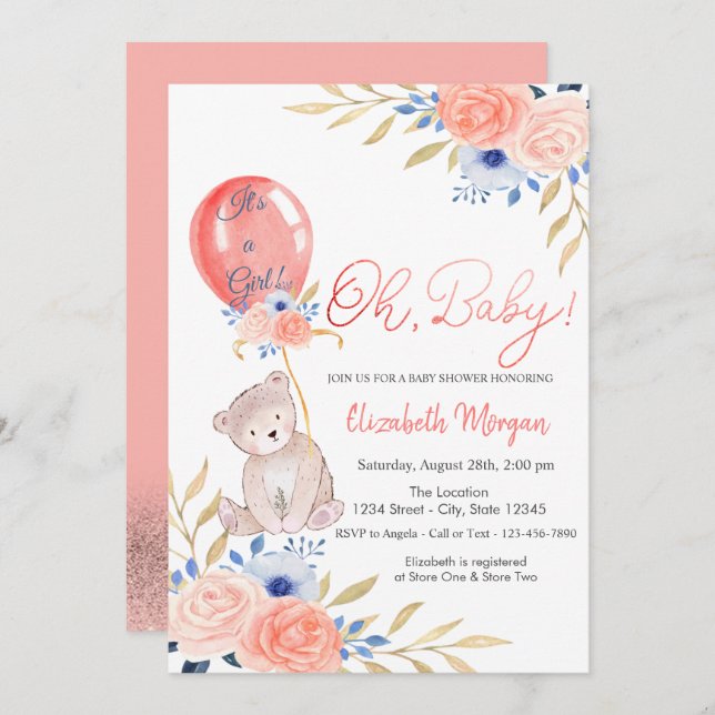 Invitation Baby shower floral de l'ours en peluche (Devant / Derrière)