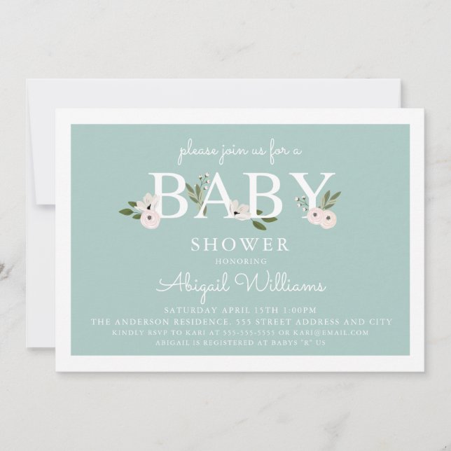 Invitation Baby shower floral de menthe et de rose (Devant)