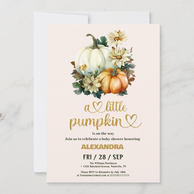 Invitation Baby shower floral de petite citrouille (Devant)