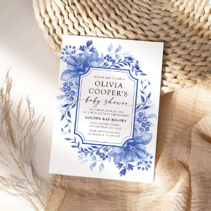Invitation Baby shower Floral de porcelaine bleue