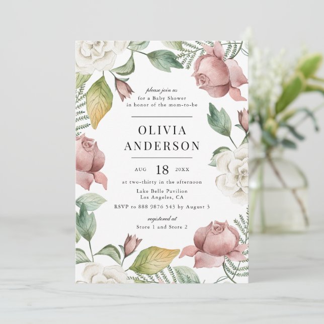 Invitation Baby shower floral de Roses rose et blanche Mauve (Debout devant)