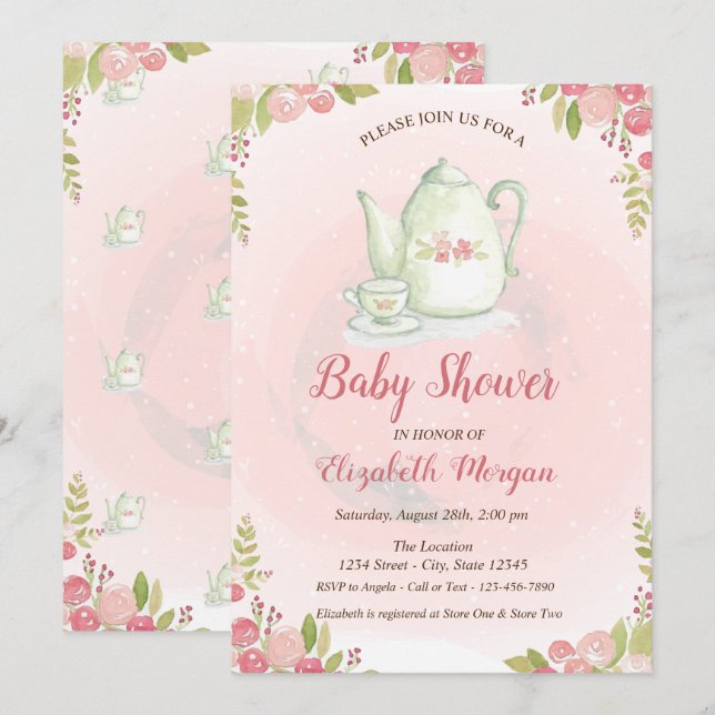 Invitation Baby shower floral de théière mignonne (Devant / Derrière)