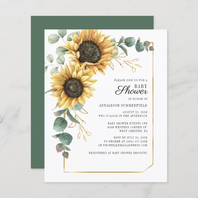 Invitation Baby shower floral de tournesol Budget (Devant / Derrière)