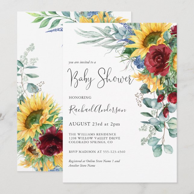 Invitation Baby shower floral de tournesol d'aquarelle (Devant / Derrière)