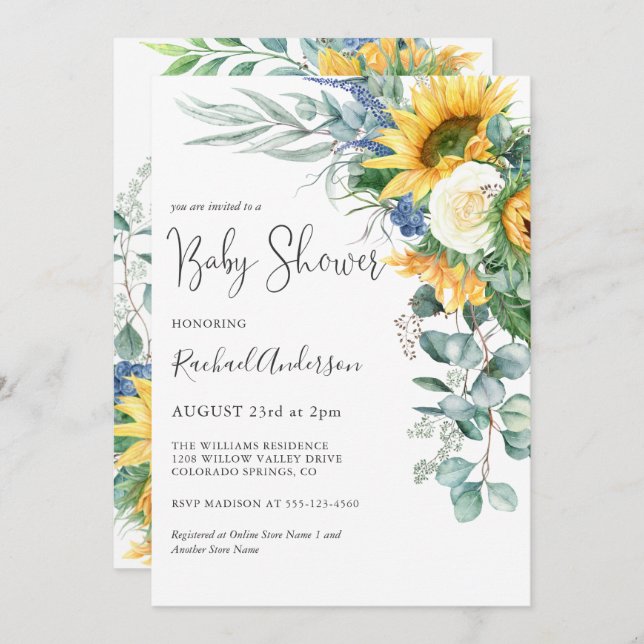 Invitation Baby shower floral de tournesol d'aquarelle (Devant / Derrière)