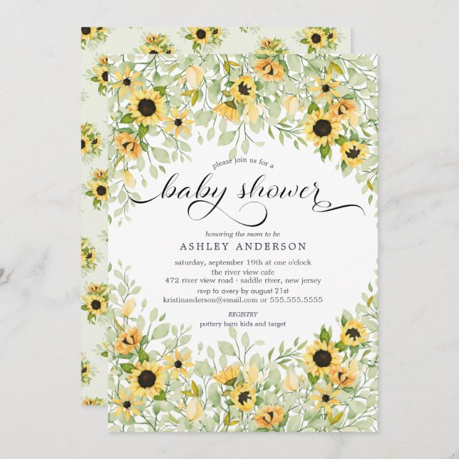 Invitation Baby shower floral de tournesol jaune d'automne (Devant / Derrière)