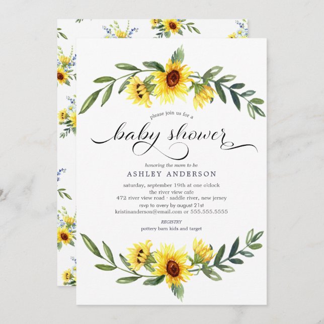 Invitation Baby shower floral de tournesol jaune joyeux (Devant / Derrière)