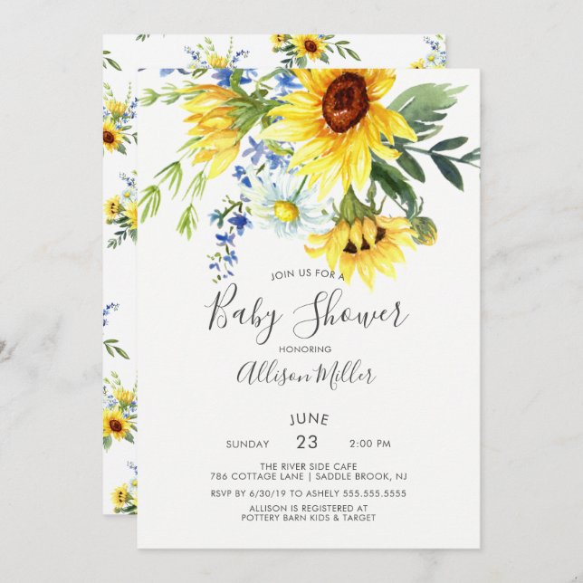 Invitation Baby shower floral de tournesol jaune joyeux (Devant / Derrière)