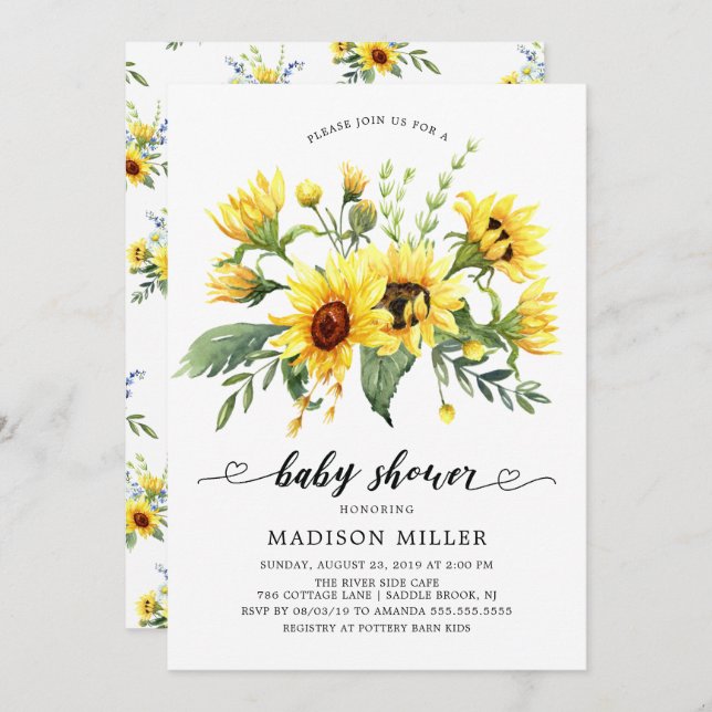 Invitation Baby shower floral de tournesol jaune joyeux (Devant / Derrière)