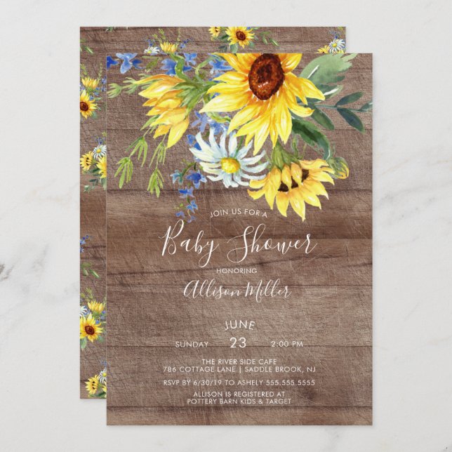 Invitation Baby shower floral de tournesol jaune rustique (Devant / Derrière)