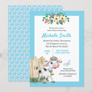 Invitation Baby shower Floral de Vache Cute Bleu et Blanc