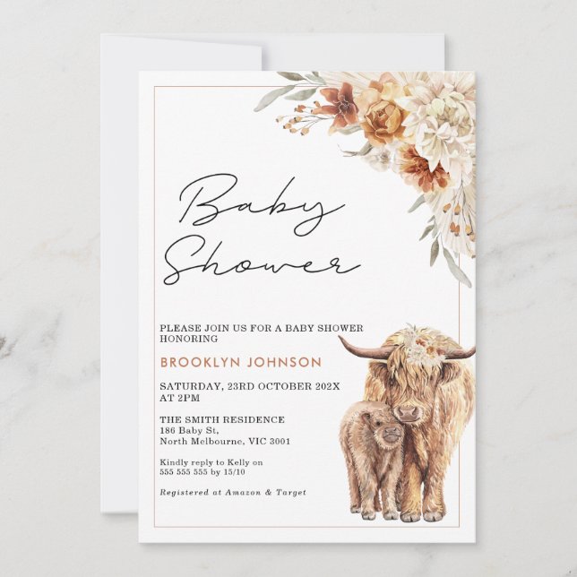 Invitation Baby shower Floral de Vache de Highland Calf Orang (Devant)