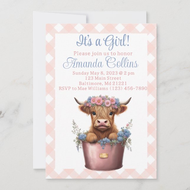 Invitation Baby shower floral de vache Highland (Devant)
