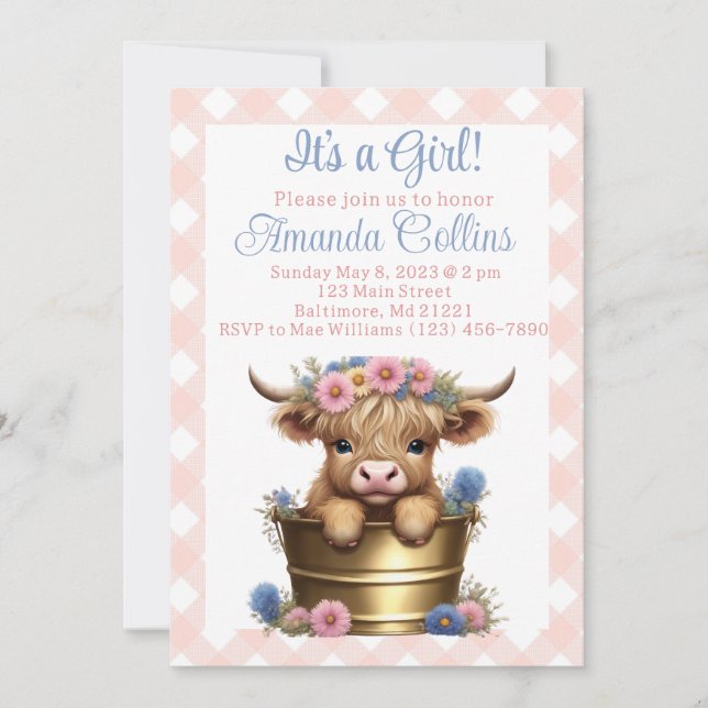 Invitation Baby shower floral de vache Highland (Devant)