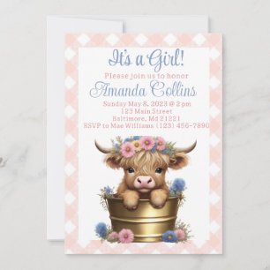 Invitation Baby shower floral de vache Highland