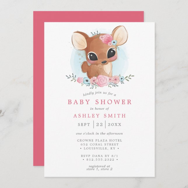 Invitation Baby shower Floral Deer mignon Woodland Doe Girl (Devant / Derrière)