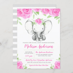 Invitation Baby shower floral d'éléphant d'aquarelle rose
