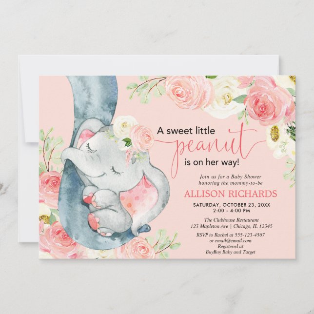 Invitation Baby shower floral d'éléphant rose vif (Devant)