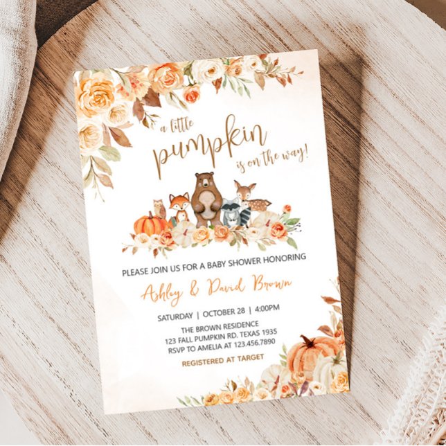 Invitation Baby shower Floral des animaux de bois (Orange Pumpkin Floral Woodland Baby Shower Invitation)