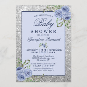 Invitation Baby shower floral d'étincelles d'argent de bleu