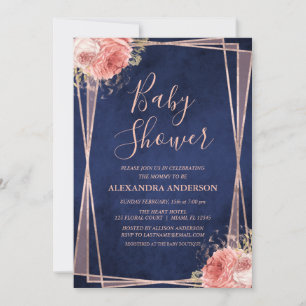 Invitation Baby shower Floral d'or Rose bleu de la Marine