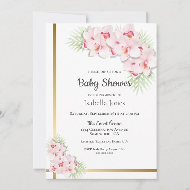 Invitation Baby shower floral d'orchidée rose (Devant)