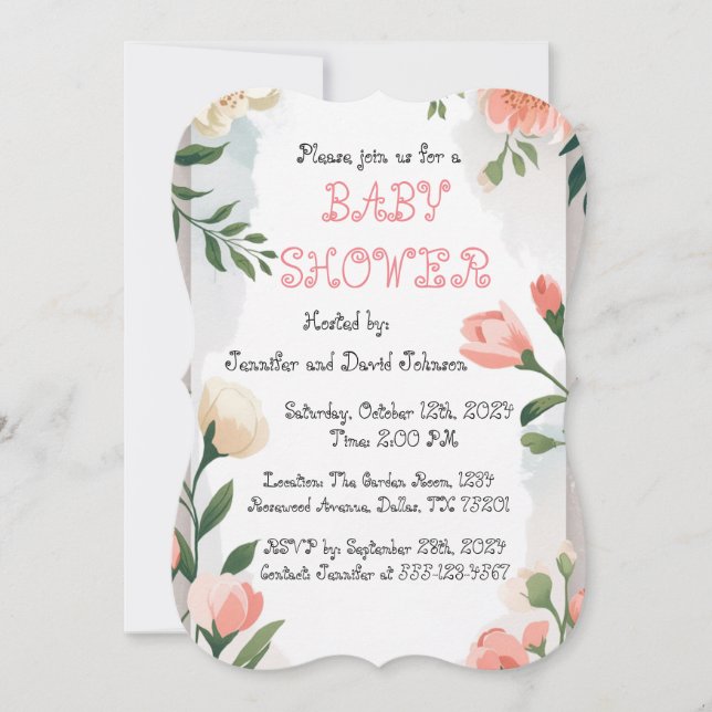 Invitation Baby shower floral doux rose (Devant)