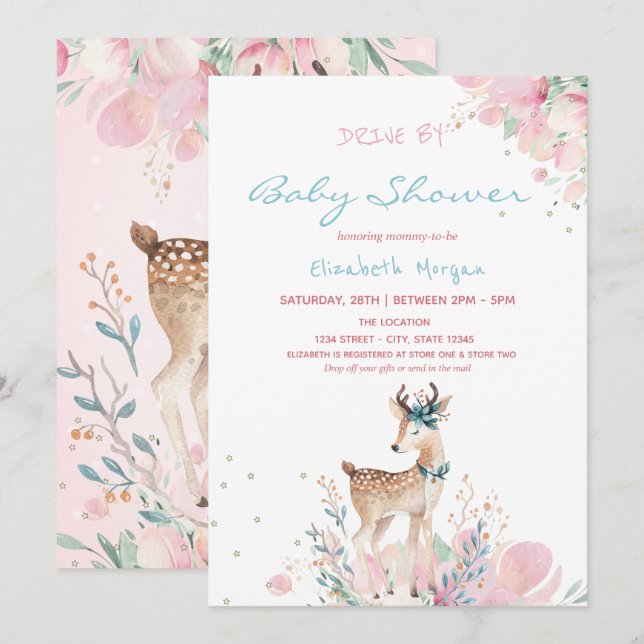 Invitation Baby Shower Floral Drive By Faon  (Devant / Derrière)