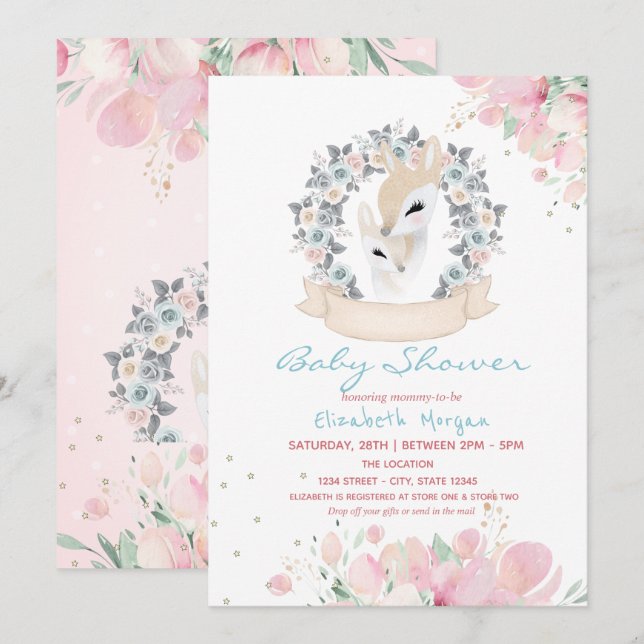 Invitation Baby Shower Floral Drive By Faon  (Devant / Derrière)