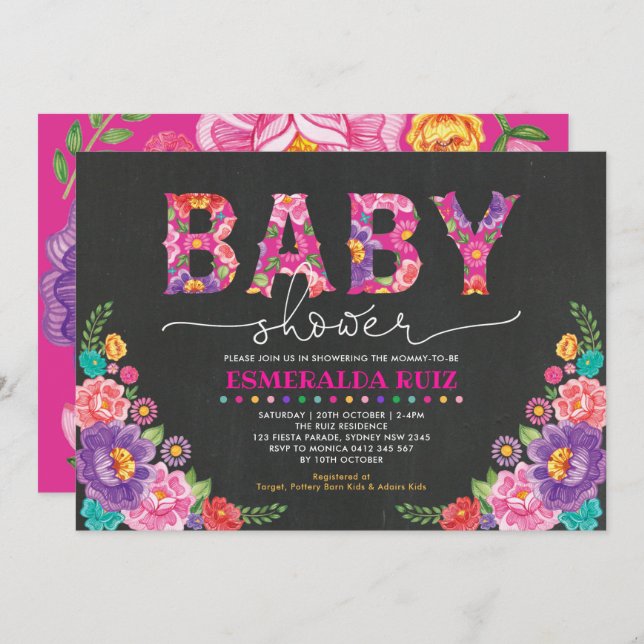 Invitation Baby shower Floral du Jardin de Fiesta (Devant / Derrière)