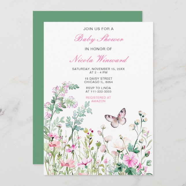 Invitation Baby shower floral du papillon vert du printemps (Devant / Derrière)