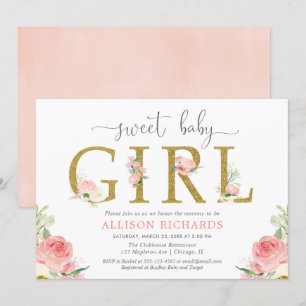 Invitation baby shower floral, élégante fille d'or rose roux