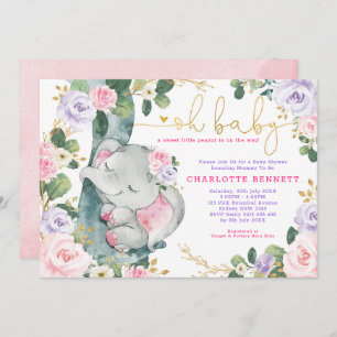 Invitation Baby shower Floral Eléphant Rose Violet Fille