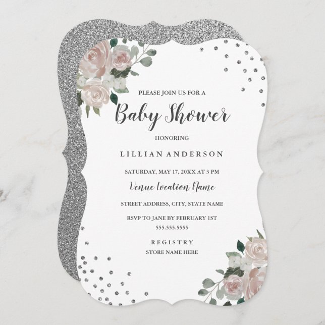 Invitation Baby shower floral en argent clair Conf (Devant / Derrière)