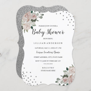Invitation Baby shower floral en argent clair Conf