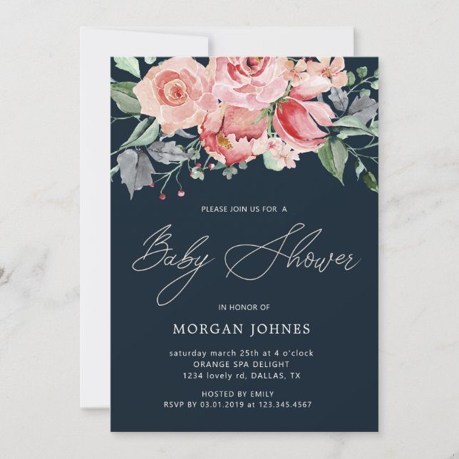 Invitation Baby shower floral en fleurs de minuit (Devant)
