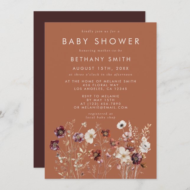 Invitation Baby shower Floral en terre cuite d'automne (Devant / Derrière)
